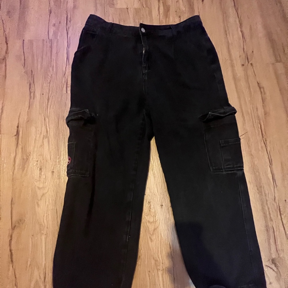 Patched Black denim cargo jeans